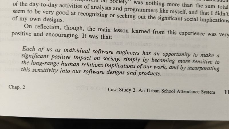 Text excerpt on software engineers’ opportunity to consider human relations implications of designs